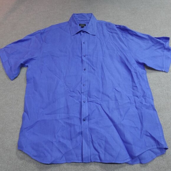 Neiman Marcus Shirt 2XL Blue Solid 100% Linen Short Sleeve - Picture 1 of 5